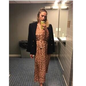 byTiMo Polka Dot Tan White Hourglass V-Neckline Long Sleeve Midi Dress Size S